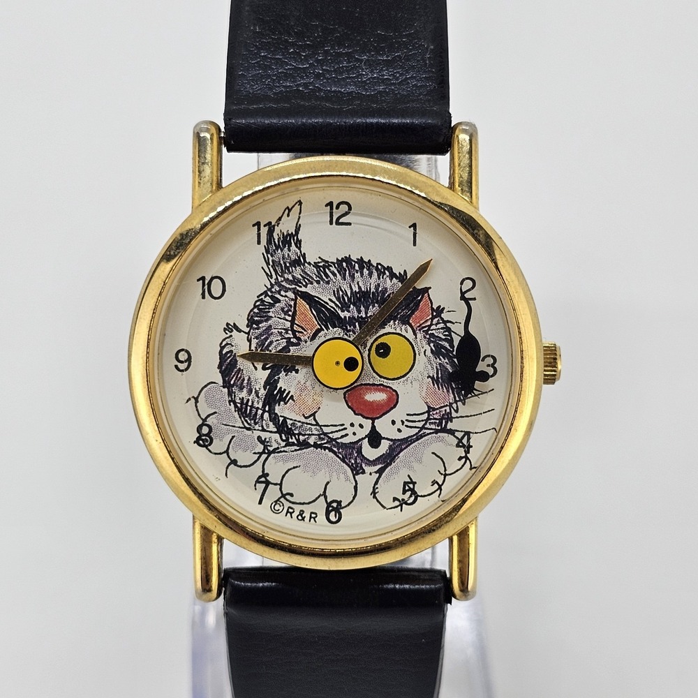 VTG Cat and Mouse Valdawn Women's Watch 32MM Gold Case Black Bands NEW Battery
